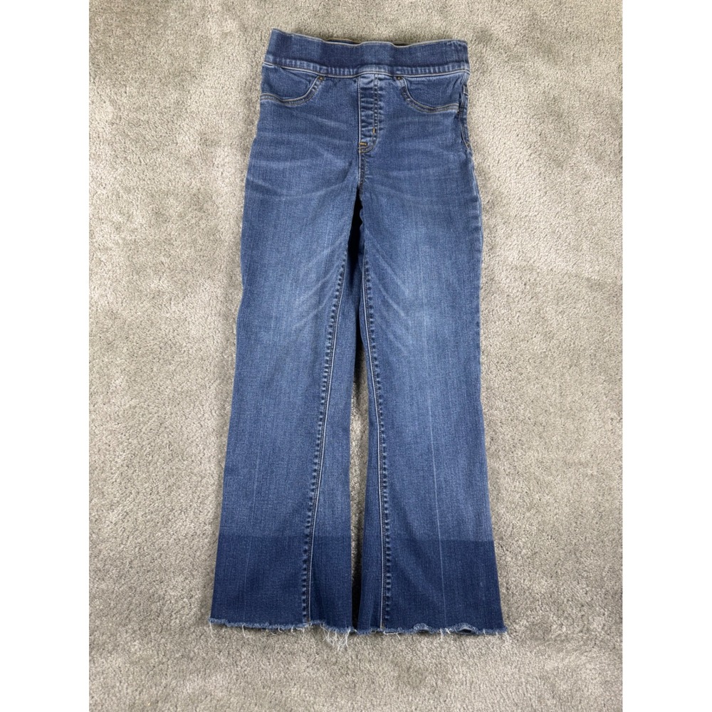 Spanx Flare Jeans XS Blue High Rise Pull On Raw Hem Two Tone Denim 2455